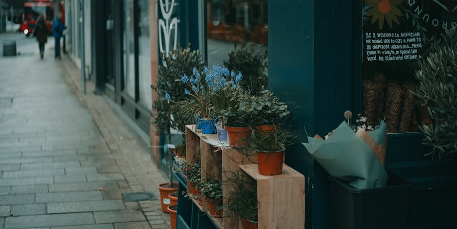 A row of potted flowering plants positioned on wooden shelves outside a flower shop on a city pavement. The plants include vibrant blue hyacinths and various green foliage, all in different colored te