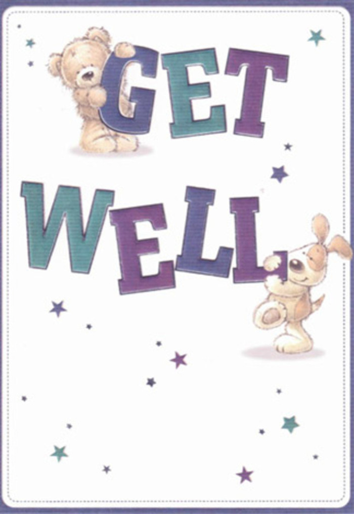 In this beautifully illustrated get well card, a delightful bear and puppy take centre stage, their whimsical playfulness brought to life in bold, swirling strokes. Both figures interact with the oversized 'Get Well' lettering, rendered in deep purples and teals that recall the vibrant flower stalls near Creekmouth's local markets. Around them, dancing stars scatter like fleeting wishes, infusing the scene with an air of gentle celebration and hope. The bear's soft fluff and the puppy's floppy ears are depicted with tactile attention, making their presence feel almost as comforting as a fresh bouquet of blooms delivered to a doorstep along Creekmouth's waterside paths. Set against a luminous, creamy background, every brushstroke reflects the calm clarity valued in times of convalescence. The card's layout invites the eye to linger-just as one would admire the subtle variations and thoughtful spacing in a hand-arranged floral display. There is an underlying sincerity in the illustration's style, suggesting the same careful intention and community care found at Flower Delivery Creekmouth. Such a card, paired with fragrant local flowers, brings a reassuring sense of comfort and optimism, perfect for lifting a friend's spirits.