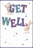 Radiating with lighthearted charm, this get well card features two lovable characters-a teddy bear and a floppy-eared puppy-each generously sharing a bright, buoyant cheer. The pair support and play among the large, vibrant letters spelling 'Get Well,' shaded in an uplifting palette of indigo and aqua that gently glows against a creamy, uncluttered background. Star-shaped bursts of blue and violet flit across the design, adding sparkle reminiscent of Creekmouth's tranquil riverside mornings. The attention to soft texture in the animals' fur evokes the inviting comfort of fresh blossoms gathered for a friend in need, echoing the familiar warmth found in bouquets delivered throughout Creekmouth. The image exudes hopefulness and innocent affection, creating a soothing effect ideal for anyone on the mend. Like a tender arrangement prepared by a caring local florist, this card wraps words and colour into a gentle message of reassurance and heartfelt encouragement.